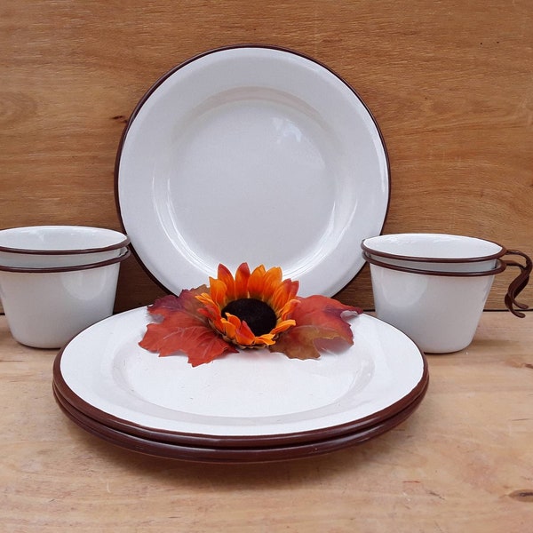 Vintage enamelware plates and cups - brown edges - enamel dish set - mugs - graniteware - 8 oz mugs - 9" plates - outdoor dining - lunch