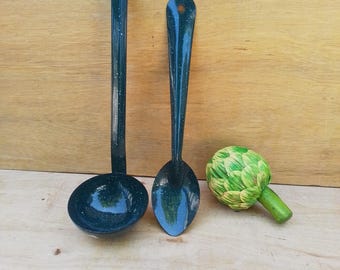 Vintage enamelware ladle and spoon - green enamelware - serving utensils - camping - soup ladle - serving - outdoor dining - serving spoon