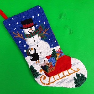 Vintage snowman stocking - punch needle embroidery - Christmas stocking - holiday decor - snowman - penguin - sleigh - child stocking