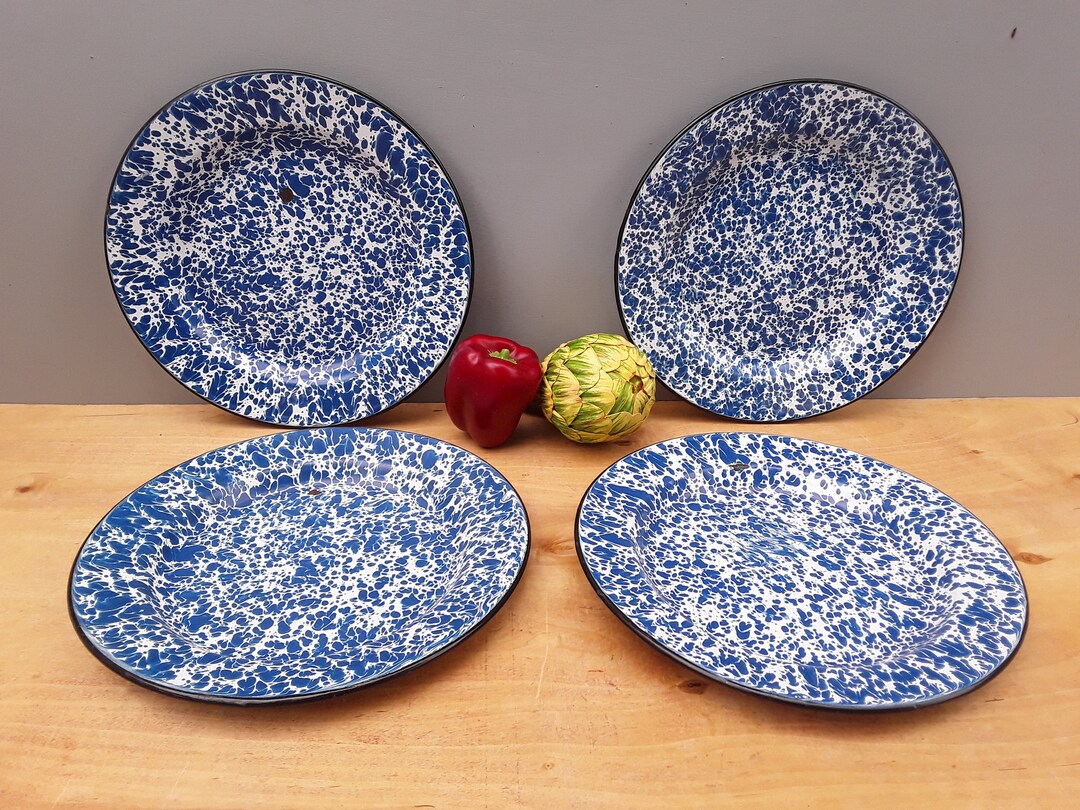 Vintage Enamelware Plates Blue Splatterware Dinner Plates Graniteware