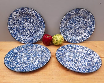Vintage enamelware plates - set of 4 - blue splatterware dinner plates - graniteware - enamelware plates - camping - 10"