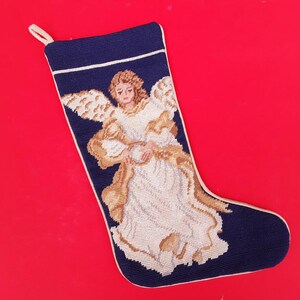 Calcetín navideño vintage bordado - calcetín de ángel - decoración navideña - religioso - alas - cuerno - musical - ángel rubio - calcetín azul