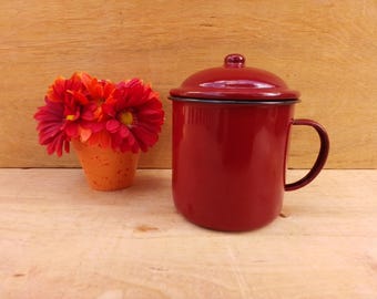 Vintage large enamelware mug - enamelware cup with lid - camping mug - soup mug - 40 oz mug - graniteware - canister - red mug - tin