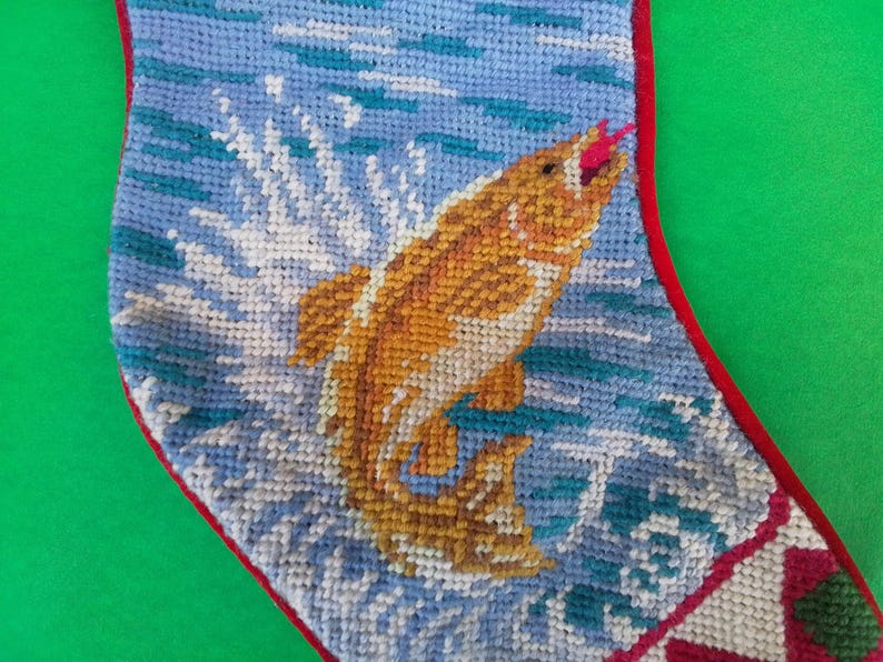 Vintage Needlepoint Fishing Stocking - Fisherman Stocking - Christmas ...