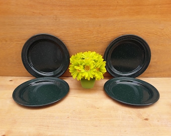 Vintage enamelware plates - dark green enamelware - graniteware - camping dishes - picnic - outdoor dining - lunch plate - tin - set of 4