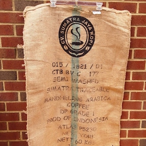 Vintage burlap coffee bean sack - wall decor - farm - country decor - Sumatra Jaya Kopi - hessian sack - graphics - jute bag - wall art