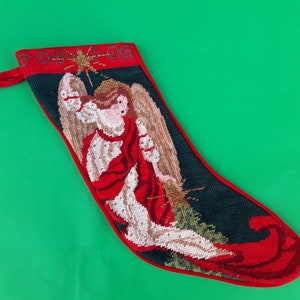 Vintage needlepoint stocking - angel stocking - Christmas decor - religious stocking - angel with wings - holy - metallic accents - medium