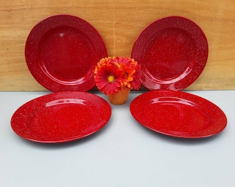Vintage red enamelware dinner plates - graniteware - enamelware plates - camping dishes - red kitchen - kitchen dishes - set of four plates