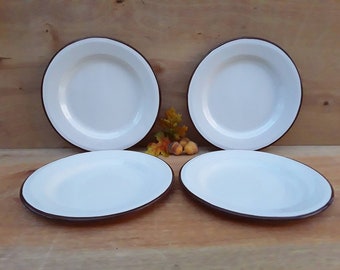 Vintage enamelware plates - brown edges - outdoor dining - graniteware - camping - set of 4 - 9" plates - tin - lunch - enamel