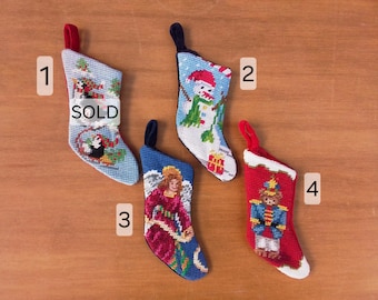 Vintage mini needlepoint stockings - PRICE FOR ONE - ornament - Christmas - money holder - snowman - angel - bear