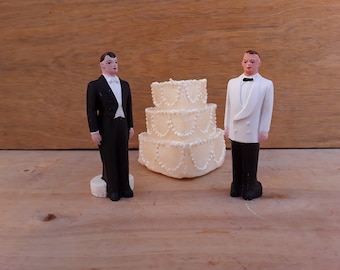 Vintage chalkware grooms - gay wedding - gay marriage- same sex - LGBTQ - Mr and Mr - gay cake topper - husbands - tux with tails - 1950s