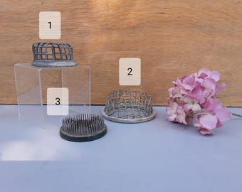 Vintage flower frogs - round - floral arranging - paint brush holder - pen and pencil holder - metal - vase - photo holder