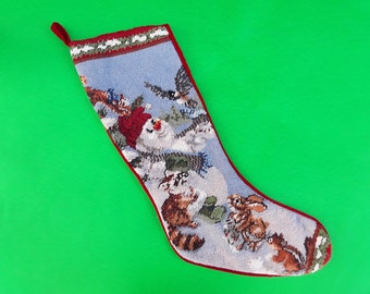 Vintage woodland stocking - snowman - racoon - squirrel - rabbit - bird - wildlife stocking - Christmas decor - cabin - nature - outdoors