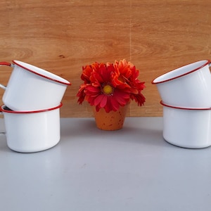 Vintage enamelware cups - white enamel cups - graniteware cups - enamelware mugs - graniteware mugs - 14 ounce enamel mugs - set of 4 - tin