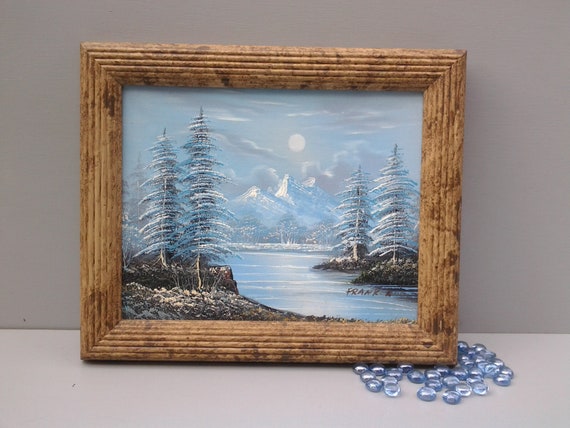 Vintage mountain painting - scenic landscape - mountain and moon - pine trees - lake - framed painting - mountain range - night painting