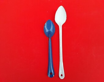 Vintage enamelware spoons - pair of enamelware serving spoons - camping utensils - outdoor dining - blue - white - primitive - graniteware