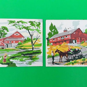 Vintage horse stable paint by number - barn - horse and buggy - Amish - home decor - farm - red barn - square PBN - farm land - pair PBN