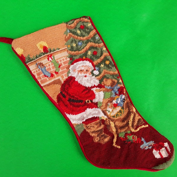 Vintage needlepoint stocking - Santa with bag of toys - Christmas tree - holiday decor - needlepoint Santa - Christmas decor -