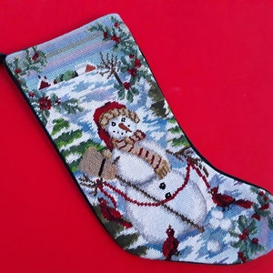 Vintage needlepoint stocking - snowman stocking - Christmas decor - snowman with hat and broom - cardinals - holiday decor - snowy scene