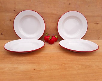 Vintage enamelware bowls-  white and red enamelware - graniteware - camping dishes - set of 4 - outdoor dining - soup or salad bowl - tin