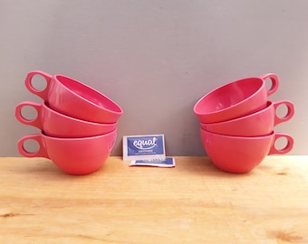 Vintage melamine cups - Stetson - coffee cups - dark pink - outdoor dining - MCM - set of 6 - tea cups - bridal shower decor - melmac