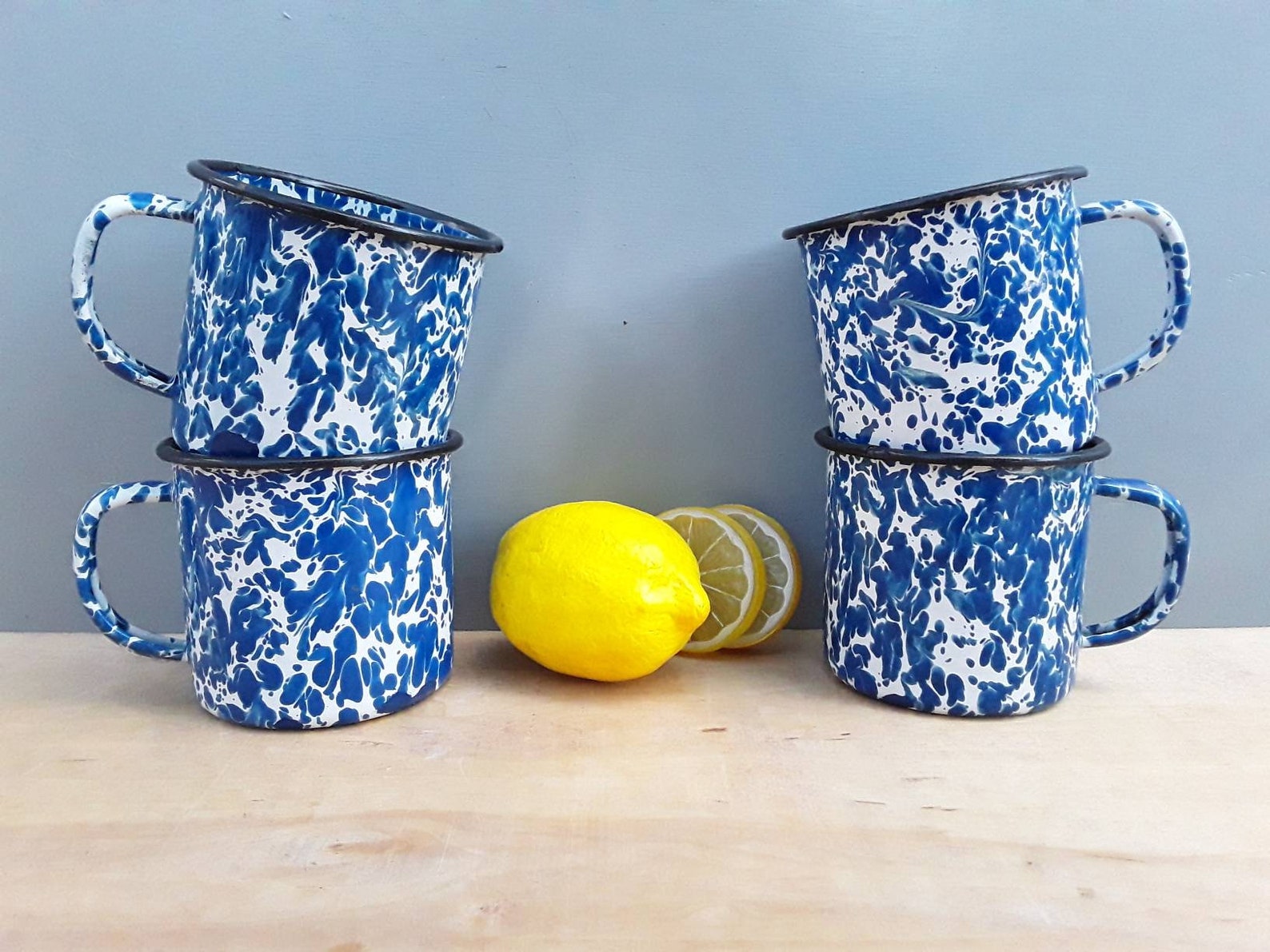 Vintage Enamelware Mugs Blue White Enamelware Camping Etsy