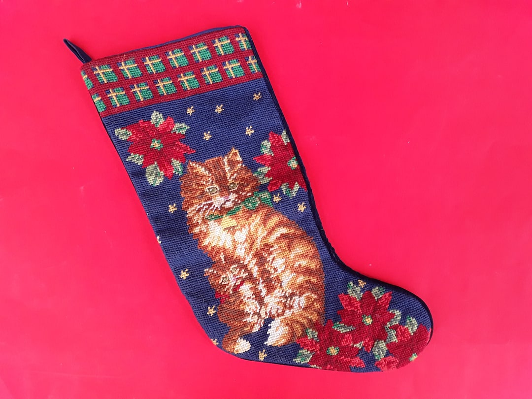Vintage Needlepoint Stocking Cat Stocking Christmas Decor Etsy