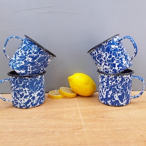 Vintage enamelware mugs - blue white enamelware - camping enamel mugs - splatterware - spatterware - enamelware cups - blue graniteware