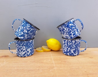 Vintage enamelware mugs - blue and white - camping cups - splatterware - spatterware - enamelware cups - set of 4 - outdoor dining