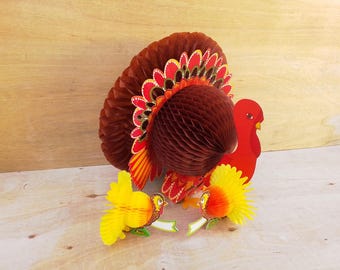 Vintage turkey honeycomb - Thanksgiving centerpiece - turkeys - table top - seasonal decor - set of 3 - holiday decor - Fall
