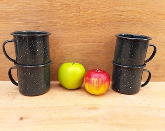 Vintage enamelware mugs - green enamelware - camping mugs - enamelware cups - green graniteware - outdoor dining - set of four - dark green