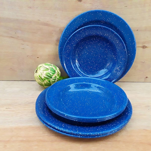 Vintage enamelware dishes -  blue enamelware plates and bowls - outdoor dish set - graniteware - camping - dinner plate - bowl - 8 piece set
