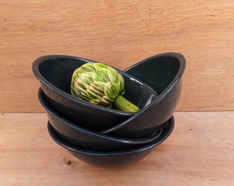 Vintage large enamelware bowls - dark green - graniteware bowls - salad bowls - camping - 8" - soup - cereal bowls - set of four - tin