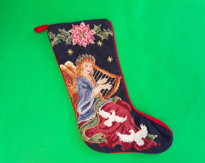 Vintage Needlepoint Stocking Angel With Lyre Stocking Christmas Decor