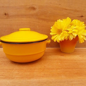 May include: A yellow enamelware pot with a lid and black trim. The pot is sitting on a wooden surface next to a yellow flower arrangement in a terracotta pot.