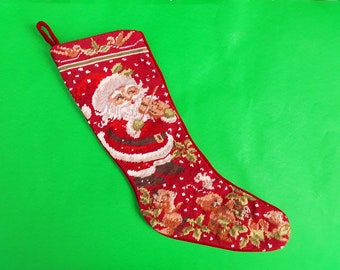 Vintage needlepoint stocking - Santa stocking - Christmas decor - violin - woodland animals - wildlife - musical - St. Nick - holiday decor