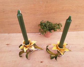 Vintage toleware candleholders - floral toleware - candlestick holders  - cottagecore - home decor - yellow flowers - daffodil