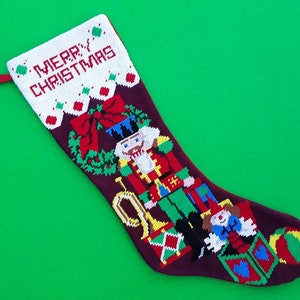 Vintage needlepoint stocking - Nutcracker stocking - Christmas decor - Merry Christmas - wreath - toy soldier - jack in the box - child