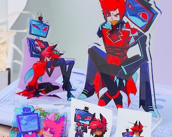 Hazbin Hotel Alastor & Vox Bundle - Double Acrylic Standee + Holographic Cards + Keychain + Pin Set | Fan Merch Gift Box