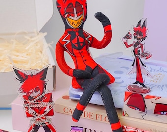 Hazbin Hotel Alastor Gift Box Set – Standee, Enamel Pin, Badge, Keychain & Wire Art Figure – Radio Demon Fan Merch