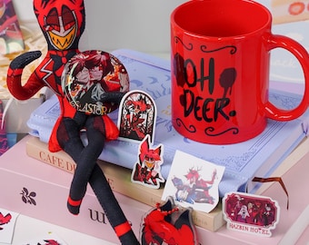 Hazbin Hotel Alastor Gift Box Set – Coffee Mug, Shaker Keychain, Badge & Poseable Wire Art Figure – Radio Demon Fan Merch