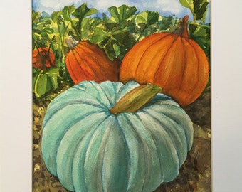 Blue Pumpkin in the Pumpkin Patch Original Watercolor Painting