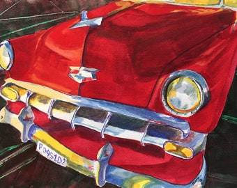 Vintage Red Chevy Original Watercolor Painting