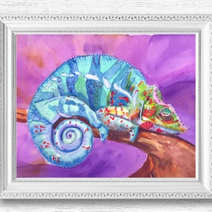 Kleurrijke kameleon hagedis aquarel schilderij | Digitale download afdrukbare kunst | De slaperige hagedis van Kathy