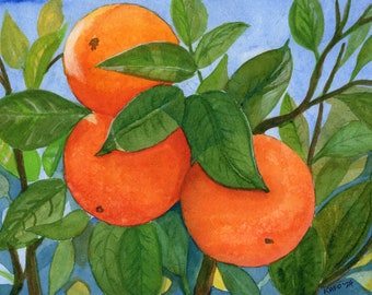 Three Oranges Watercolor Painting | Digital Download Printable Art | Three Oranges by Kathy