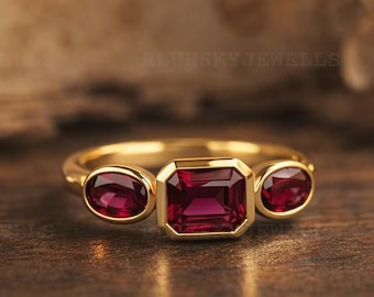 Emerald Cut Ruby Three Stone Ring, Gold Bezel, July Birthstone