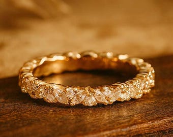 Alianza de boda vintage de moissanita de corte marquesa redondo, anillo de eternidad completo en oro rosa de 14 k