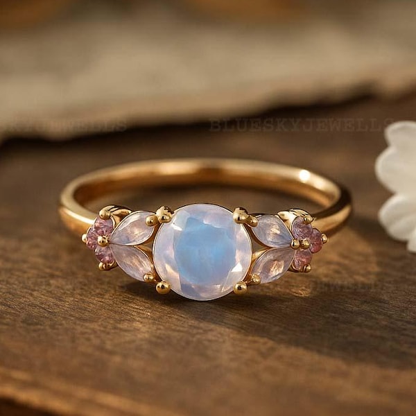 Vintage Moonstone Engagement Ring, Women Yellow Gold Cluster Ring, Marquise Moonstone Ring, Dainty Bridal Promise Ring Anniversary Gift