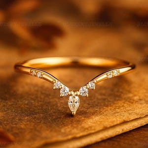 Moissanite Yellow Gold Curved Wedding Band, Dainty Bridal Ring