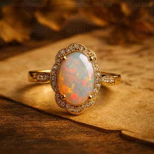 Peut inclure: Bague en or ornée d'une opale ovale entourée de petits diamants. L'opale présente des reflets rouges, oranges et verts. La monture de la bague est également ornée de petits diamants.